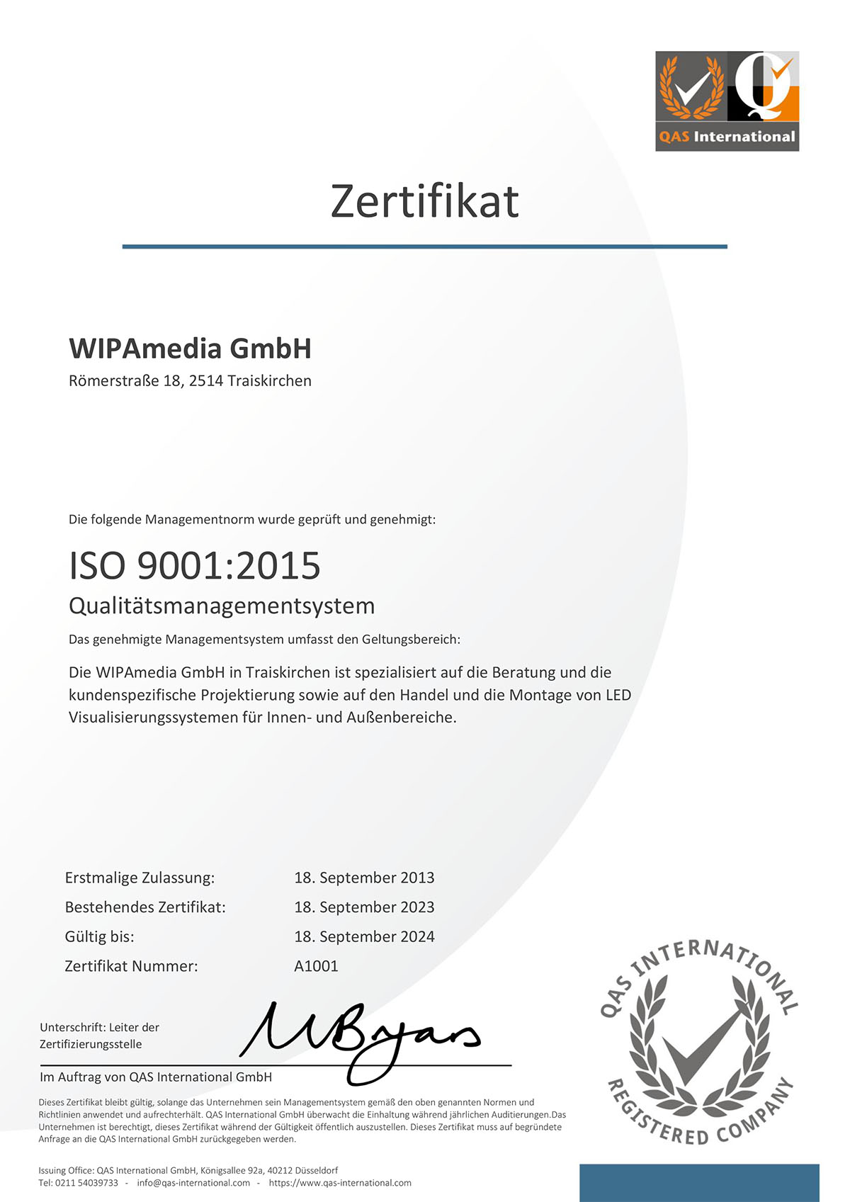 WIPAmedia ISO9001 Zertifikat